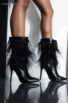

Luxury Fur Mid-calf Boots Women Leather Pointed Toe Stiletto Heels Boots Side Zipper High Heels Sexy Shoes Woman Plus Size EU 43