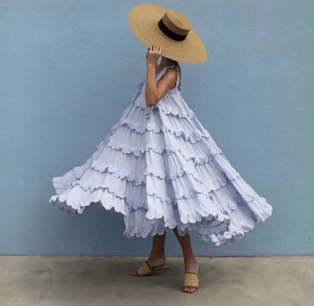 2019 المرأة الصيف خمر عارية الذراعين المتتالية فستان مكشكش عارضة مثير الدانتيل الشاطئ اللباس مطوي كبيرة فستان محكم من عند الصدر ويتدلى بشكل وا...