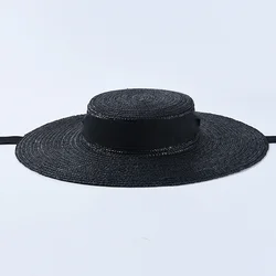 Elegant Wide Brim Boater Hat with Ribbon Tie - Summer Derby & Beach Accessory (15cm brim)