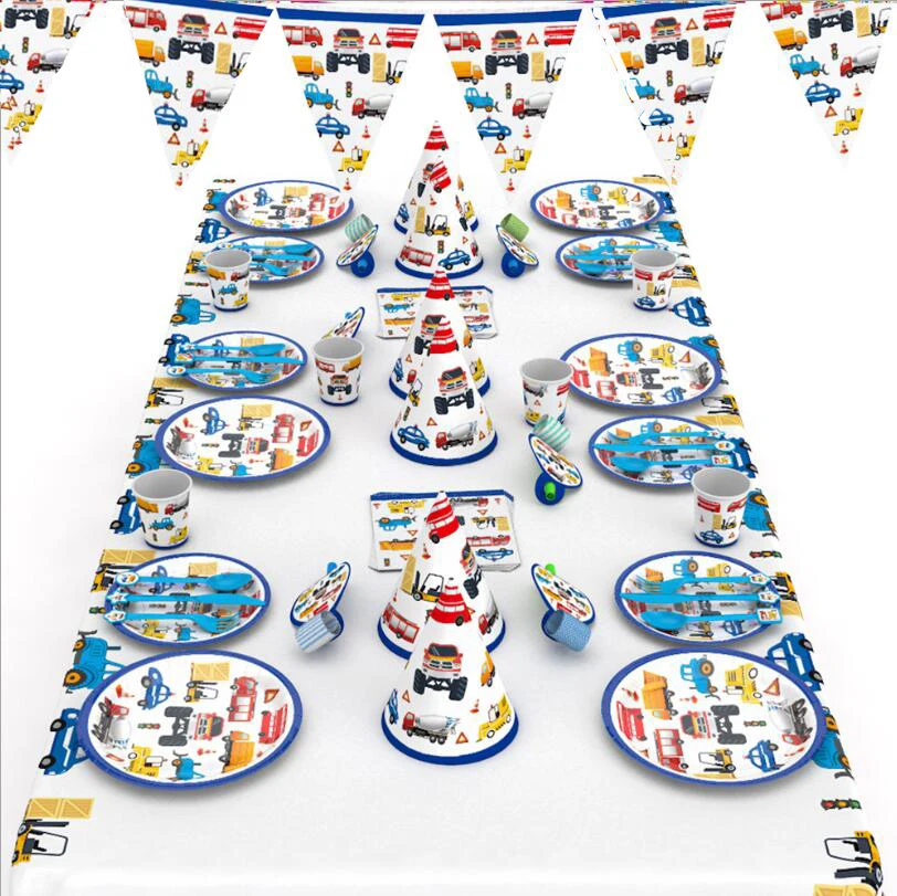 

New engineering car theme Birthday Party Decors Disposable Tableware Kit Car decor banner paper cup Kids Birthday Party Supplies