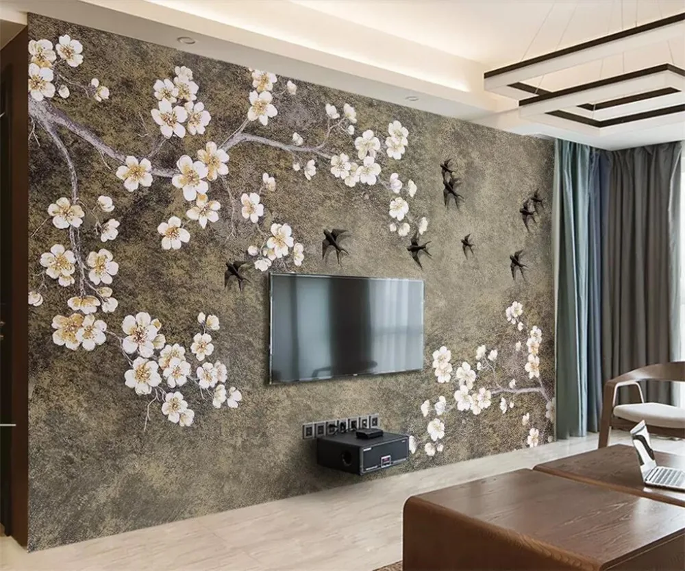 

beibehang Custom wallpaper 3d mural Chinese style retro new Chinese plum swallow background wall paper for living room mural 3d