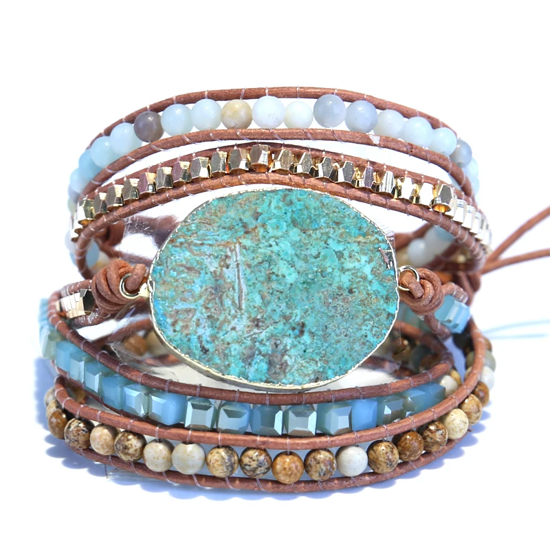 

Leather Beaded Wrap Bracelet for Women Amazon Ocean Gilded Stone Charm 5 Strands Wrap Bracelets Handmade Vintage Boho Bracelet