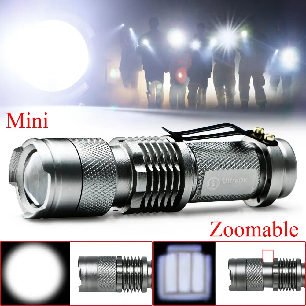 NEW Adjustable Focus Zoom In/Out CREE Q5 LED 2000 Lumens Flashlight Torch Lamp Light Camping Hiking Silver Use AA /14500 Battery