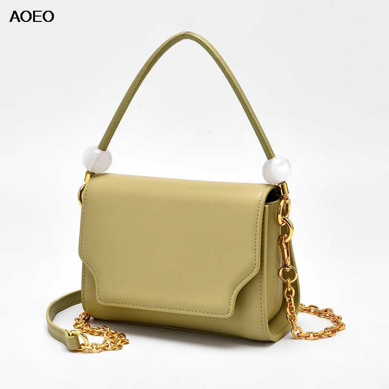 

AOEO Women Handbag Brand Luxury Split Leather Shoulder Bag Pearl Girl 2019 Beading Chain Strap Woman Messenger Bag Purse Female