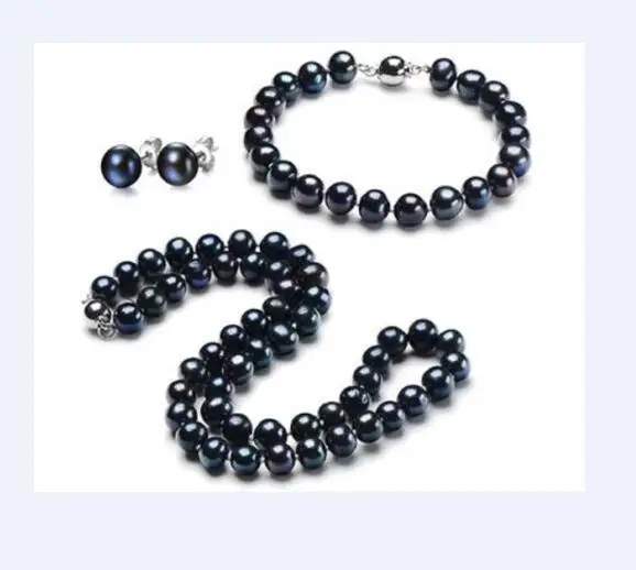 

New 10-11mm natural tahitian black pearl necklace bracelet earring set white