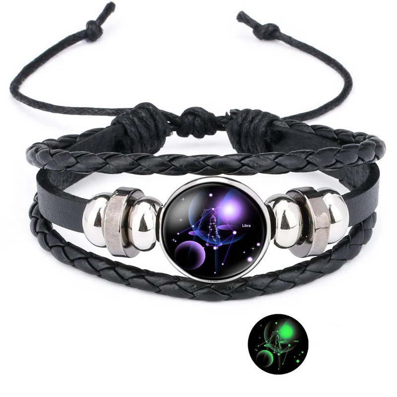 NIUYITID 12 Constellation Bracelet For Women Unisex Leather Jewelry Adjustable Luminous Universe Horoscope Male Boy Gift (4)