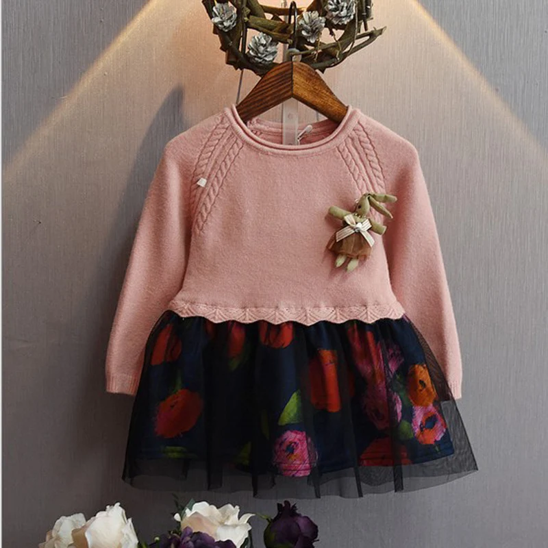 Hot Sale New Autumn Children sweater Dress Baby Girls Dresses Kids Striped Long Sleeved Lace