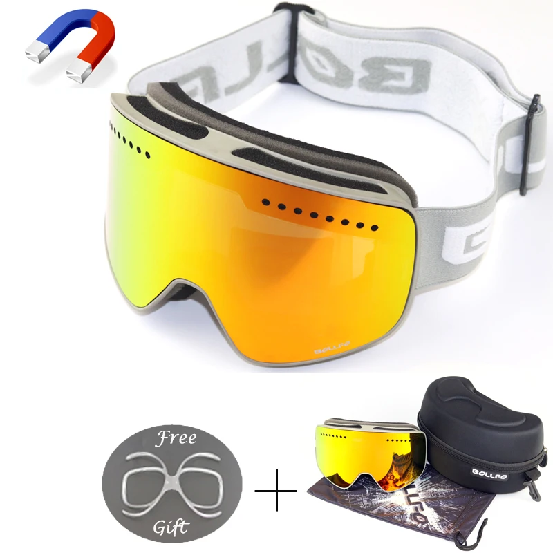 

BOLLFO brand Magnetic Ski Goggles With Case Quick-change Lens UV400 Anti-fog Ski Glasses man women Adult snowmobile spectacles