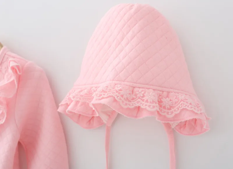 Зимняя одежда для новорожденных девочек, утепленный комбинезон с кружевным воротником и бантом, комплекты одежды, боди для девочек+ шапочка