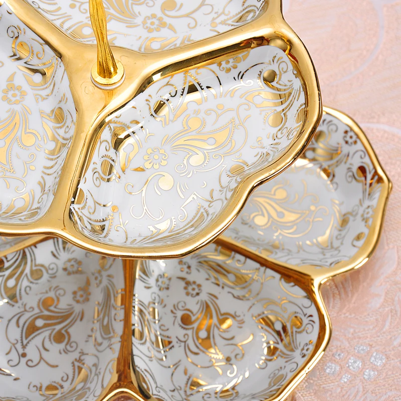 Европейская керамическая золотая инкрустированная двойная Фруктовая тарелка для закуски, тарелка для торта, тарелка для конфет, керамическая посуда, декоративный десертный поднос