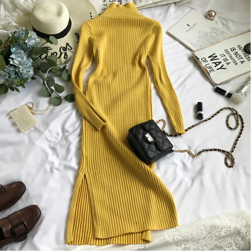 

2019 New Spring Autumn Long Turtleneck Sweater Dress Femme Large Size Solid color Split Winter Knit Dress aa943