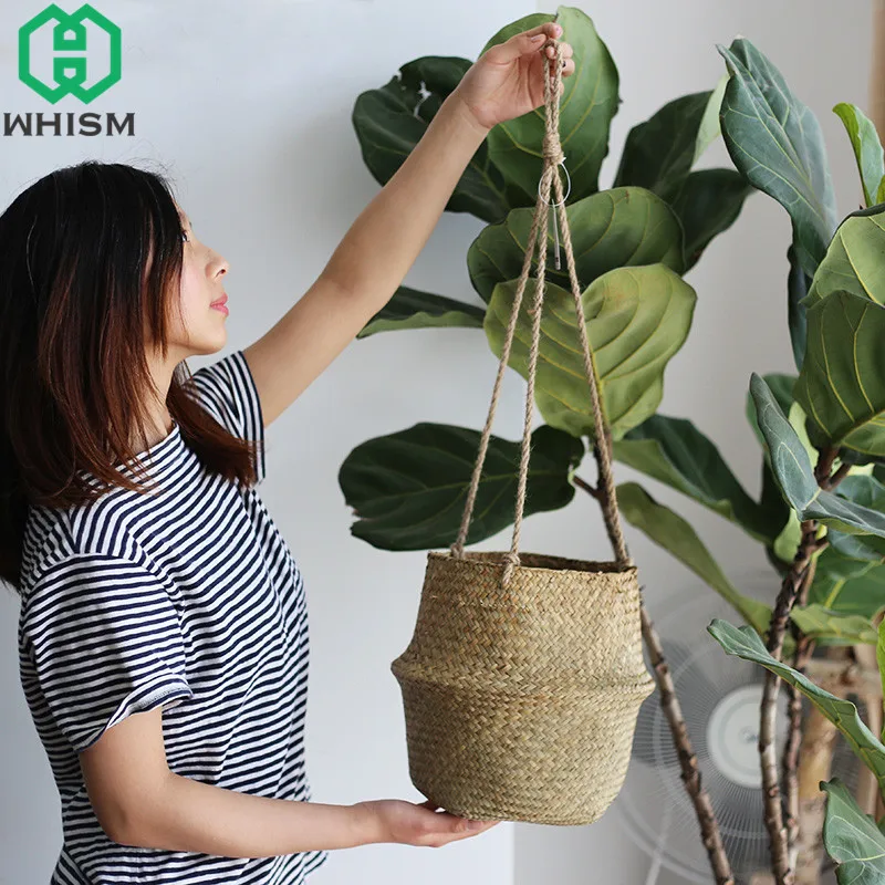 WHISM Handmade Rattan Flowerpot Wicker Hanging Basket Woven Flower Basket Folding Storage Basket Garden Planters Nursery Pots WHISM Handmade Rattan Flowerpot Wicker Hanging Basket Woven Flower Basket Folding Storage Basket Garden Planters Nursery Pots