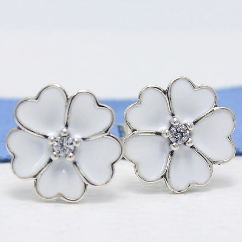 

ROCKART Solid 925 Sterling Silver Primrose Flower Stud Earrings With White Enamel For Women Fashion Jewelry Gift New Hot