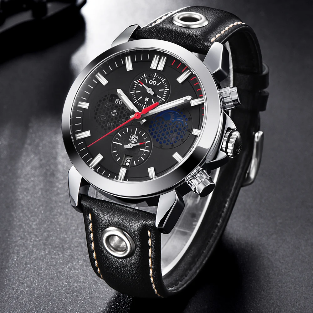 

BENYAR Fashion Sports Chronograph Watches Men Moon Phase Leather Skeleton Quartz Watch Support Dropshipping White Red
