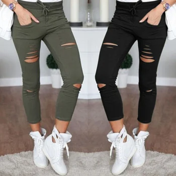 

Women Legging Cropped Pants Solid Color Drawstring Slim High Waist Stretch Elastic Ladies Hole Pencil Trouser Plus Size