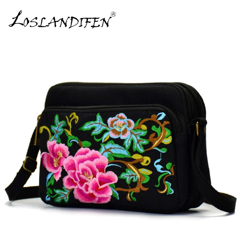 New Embroidery Bag Canvas Embroidered messenger bags Chinese Style Black 3 Zipper Small women ...