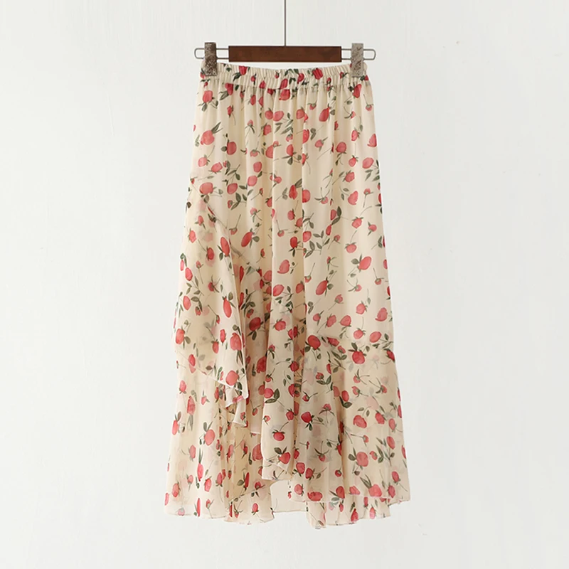 

PERHAPS U apricot black floral print ruffle asymmetrical midi skirt Korean version empire summer S0211