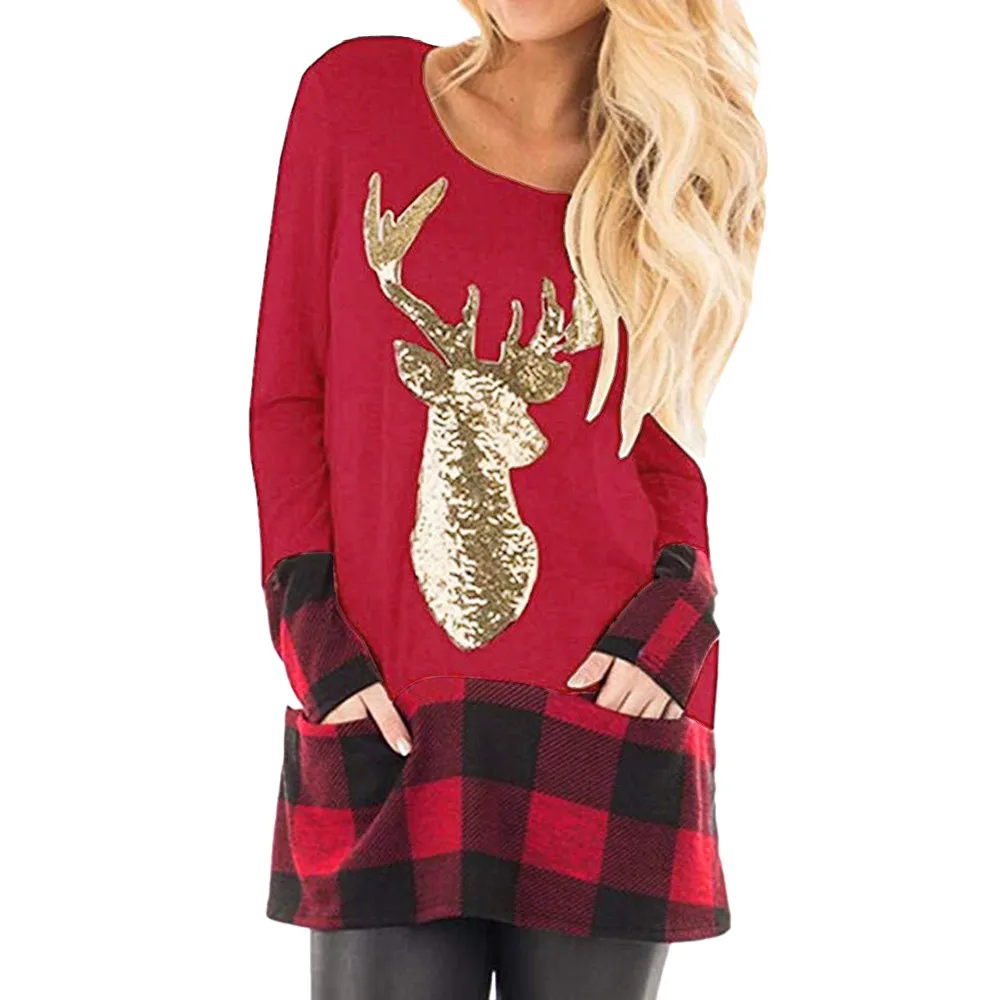  Christmas Women T shirt Tops Fashion Casual Plaid Splice Reindeer Sequined Decorative Ladies Autumn