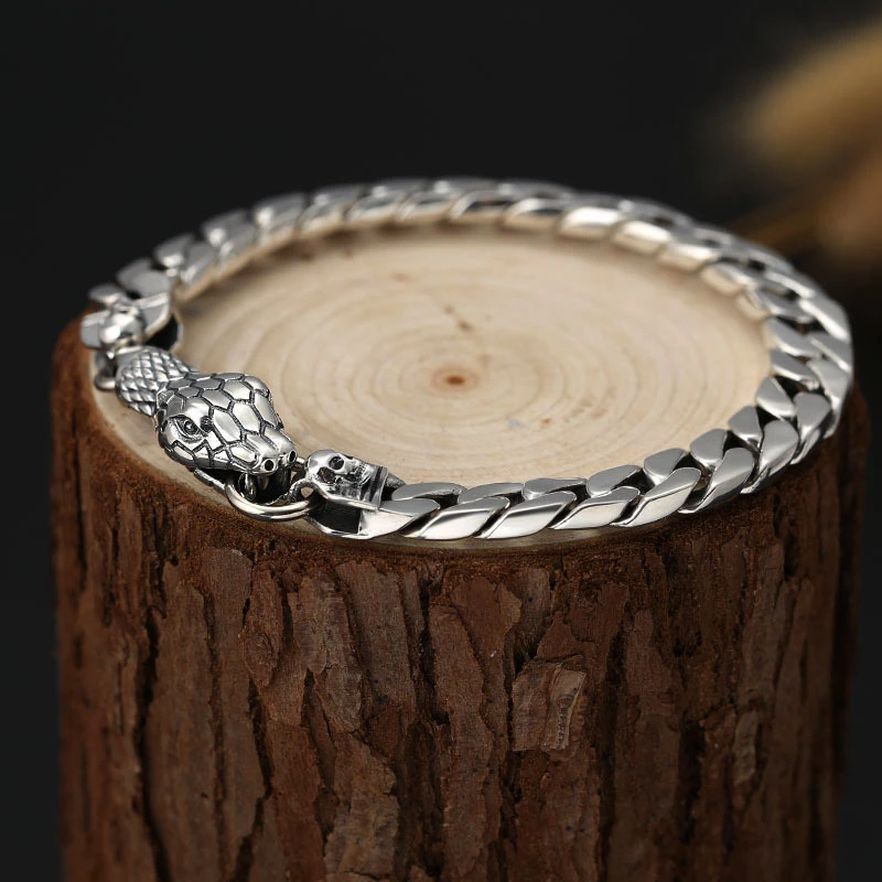 

Fashion Sterling Silver 925 Snake Head Mens Chunky Chain Bracelet 8mm Wide Thick Bracelet Cool Thai Silver Men Jewelry Free Box