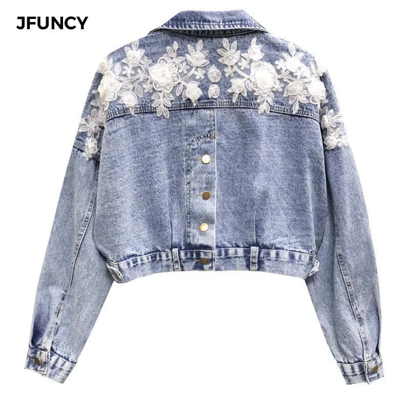 

JFUNCY Women Short Jean Jacket 2019 New Students Embellished Flower Beads Korean Casual Loose Thin Denim Jacket