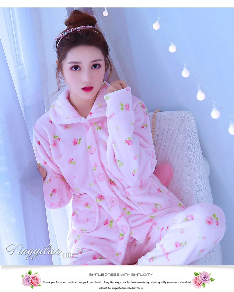 Для женщин пижамы костюм толстые теплые милые Sleepingwear для девочек пижама из кораллового флиса для Для женщин фланель Домашняя одежда D-2100