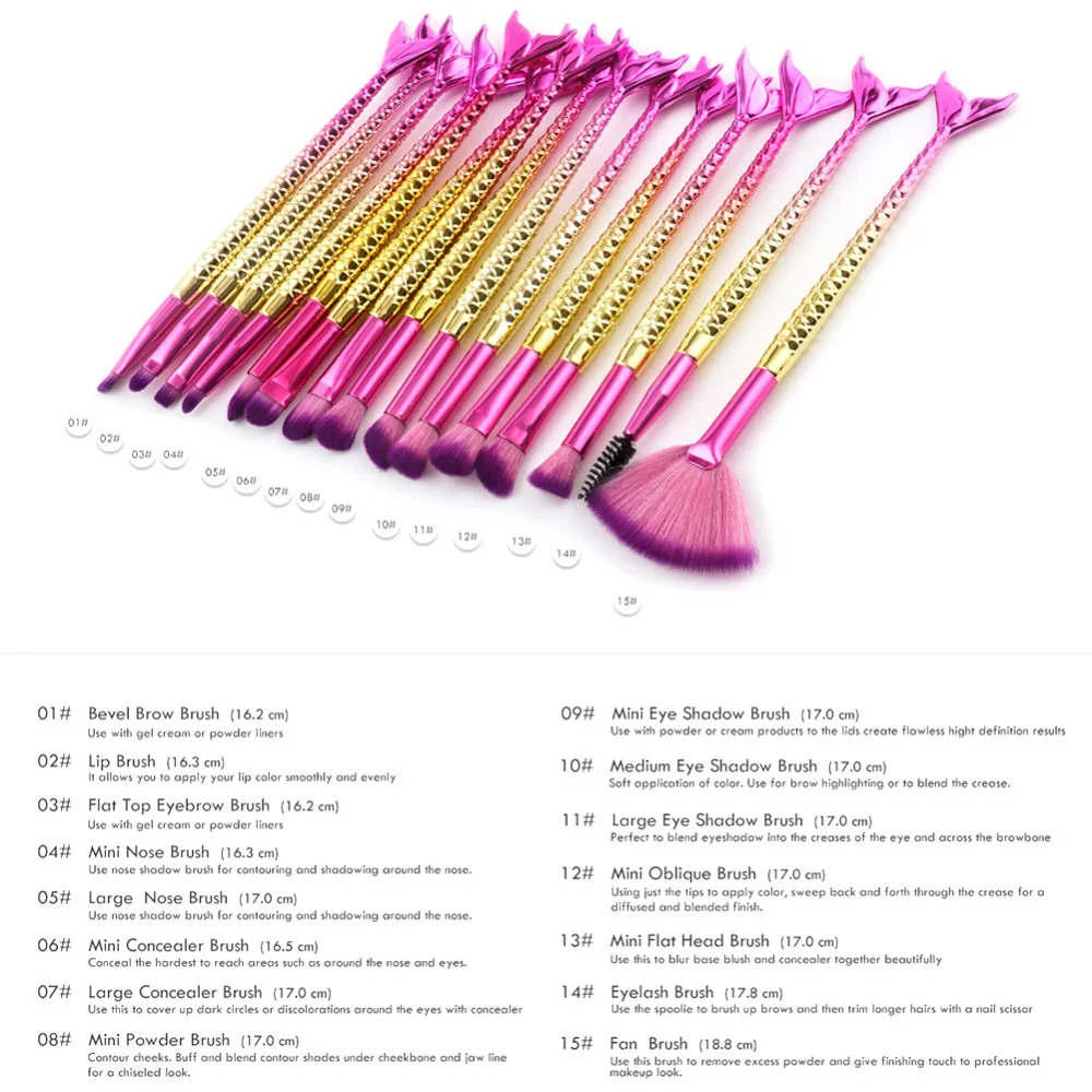 15 шт. кисти для макияжа Новинка Русалка основа для макияжа бровей подводка для глаз Румяна косметический консилер рыбий хвост Макияж Кисти Инструменты