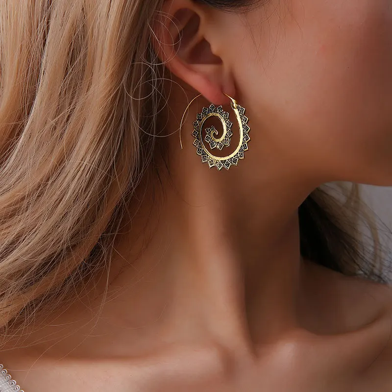 Retro Womens Circles Round Spiral Tribal Hoop Earrings Ear Stud Piercing Jewelry 