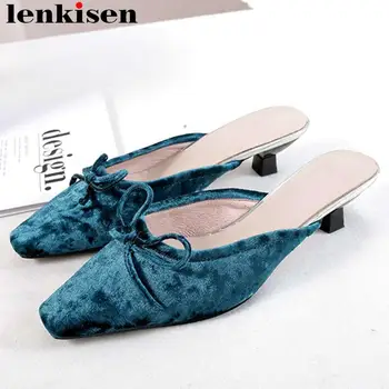 

Big size new velvet material natural leather med heels slip on bowtie women pumps classic square toe mules elegant lady shoe L34