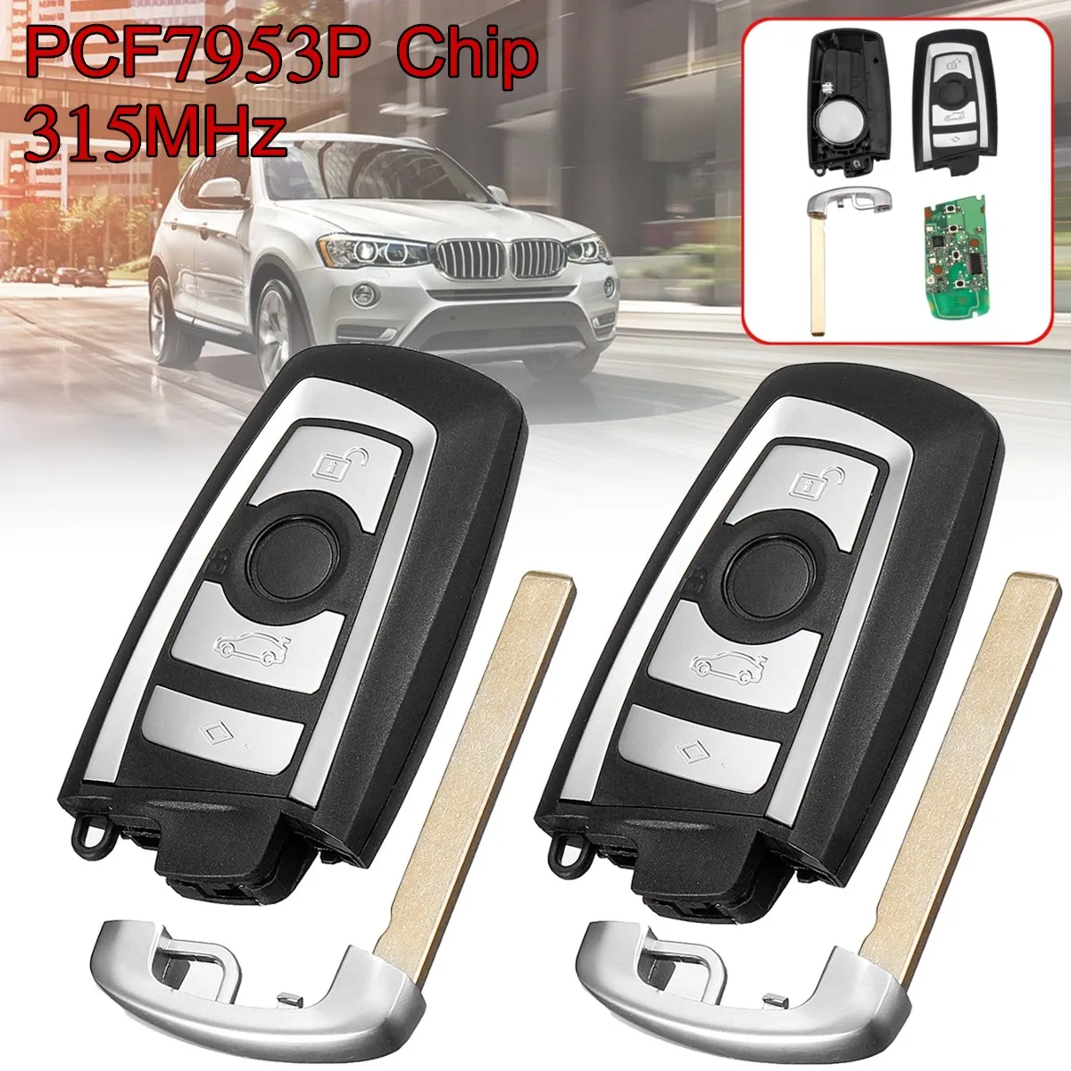 

KR55WK49863 2pcs 4 Buttons Smart Remote Key Fob Case Shell with PCF7953P Chip 315/433 MHz For BMW 5 7 series X3 CAS4