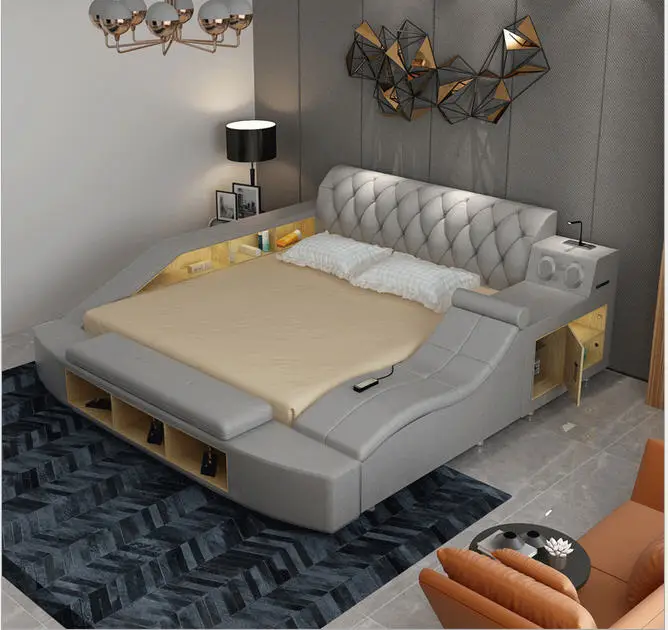 Real Genuine leather bed Soft Beds Bedroom camas muebles de dormitorio yatak mobilya quarto massage speaker bluetooth storage