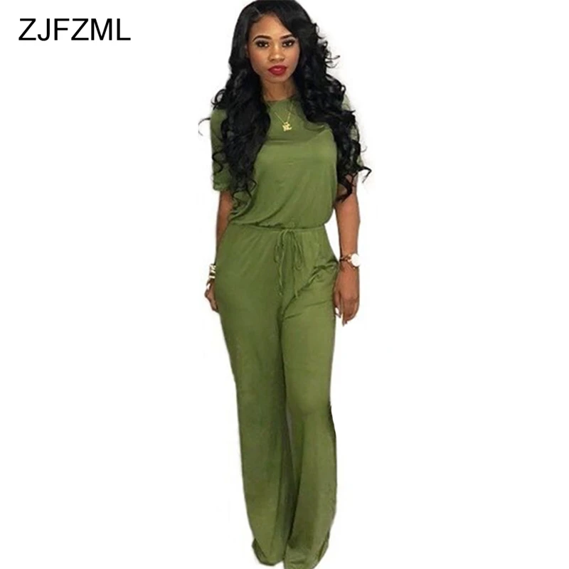 ZJFZML 2018 New Summer Casual Full Rompers Womens Jumpsuit Short Sleeve Long Pants Sexy Overalls Streetwear Spandex Body Romper