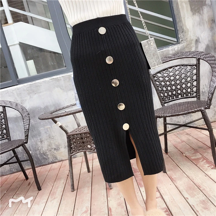 Autumn Winter Knitted Skirt Women Sexy Club Split Skirt High Waist Skirt Wild Long Black Knitted Fashion Casual Skirt Women