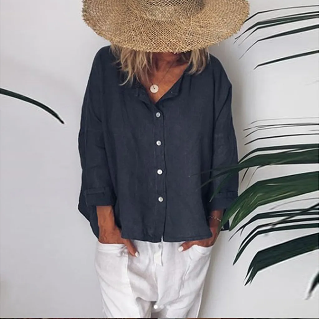 Womail Summer Women Casual Smooth comfortable and refreshing V Neck Plus Size Button Solid Navy Linen Loose Daily Shirt w30507