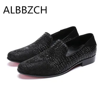 

Crocodile pattern embossed genuine leather men sheos casual fashion loafers slip on leisure party shoes mens black wedding shoes