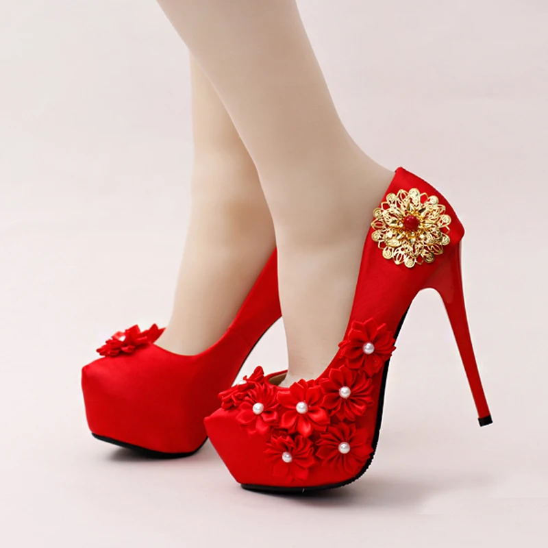 Comfortable Satin Wedding Shoes Stilettos Bridal Dress Shoes Red Color Formal Dress Shoes Mother of The