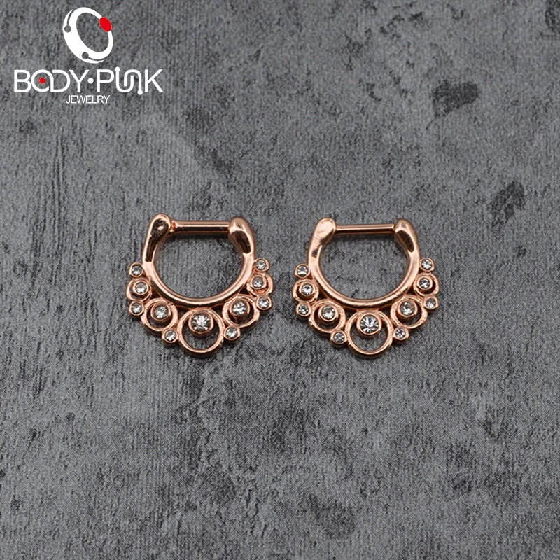Body Punk Rose Gold Multi Clear CZ Septum Clicker Nose Rings 14G 16G Titanium Pole Fashion Body Piercing Jewelry   (2)  s