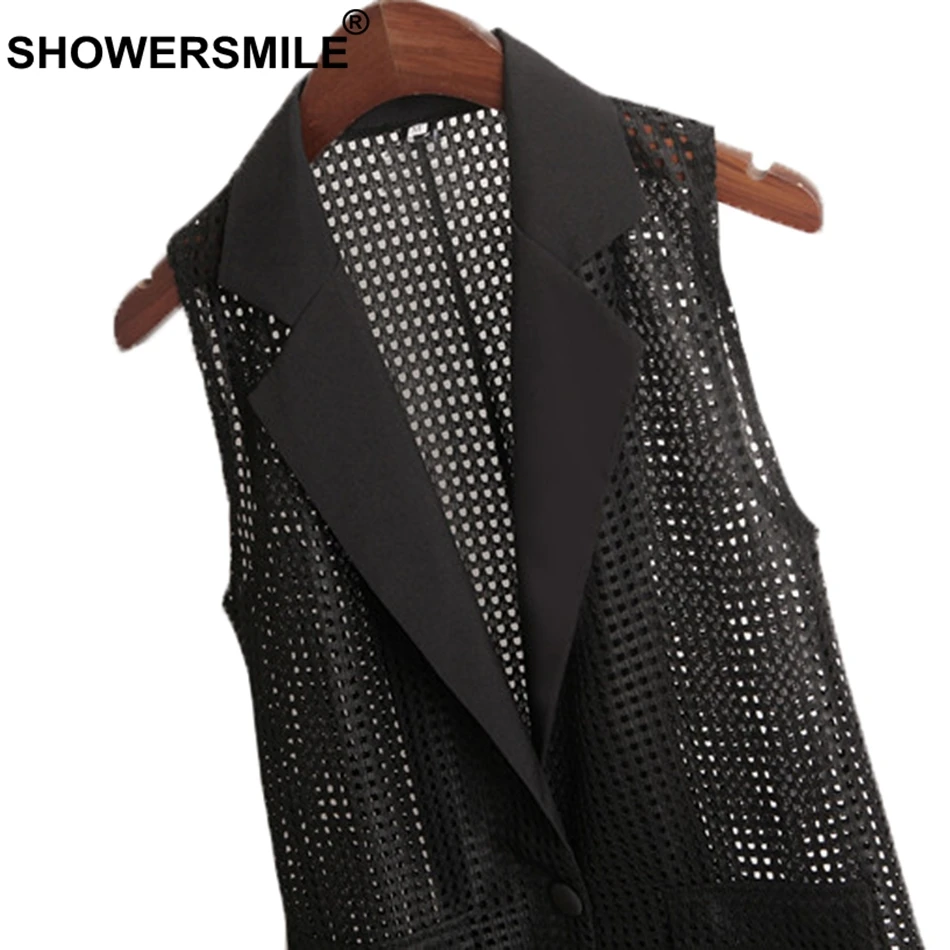SHOWERSMILE Women Long Black Waistcoat Plain Hollow Out Vest Ladies Korean Style Solid Loose Female Summer Outerwear Jackets New