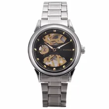 Winner Luxury Auto Self Winding Hollow Steampunk Gear Skeleton Mens Stainless Steel Metal Band Mechanical Watch