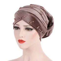 Для женщин бархат жемчуг Простой мусульманский хиджаб внутренний трикотаж для мусульманок повязка на голову из тянущейся ткани шляпа Дамы