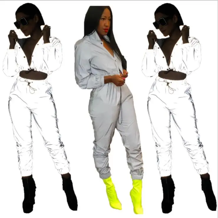 

Women Sexy Reflective Tracksuit Night Version Buttons Turn Down Collar Long Sleeve Crop Top + Casual Pants Two Piece Set