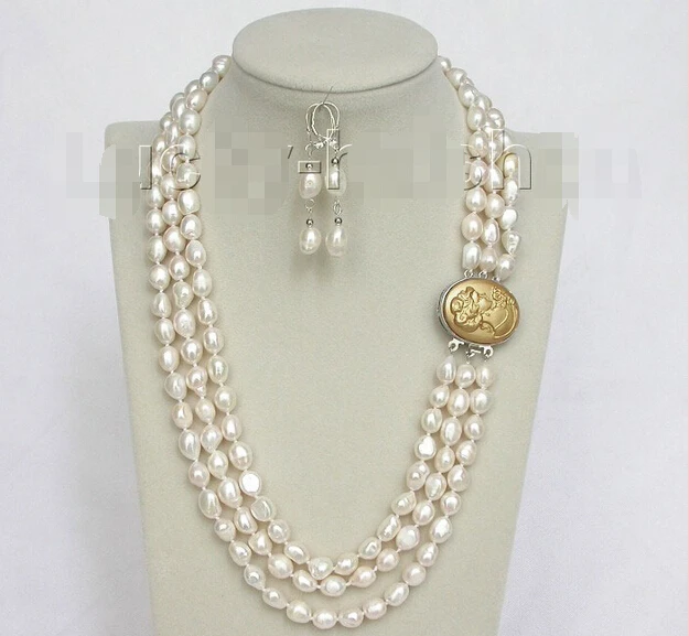 

shipping 3row 12mm baroque white pearls necklace dangle Earring seashell clasp j8488 new