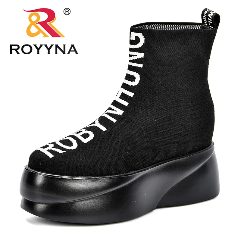 

ROYYNA 2018 Spring/Autumn New Women Sock Boots Elastic Ankle Boots Slip On High Heel Ankle Boots Women Fly-Knit High Plaform
