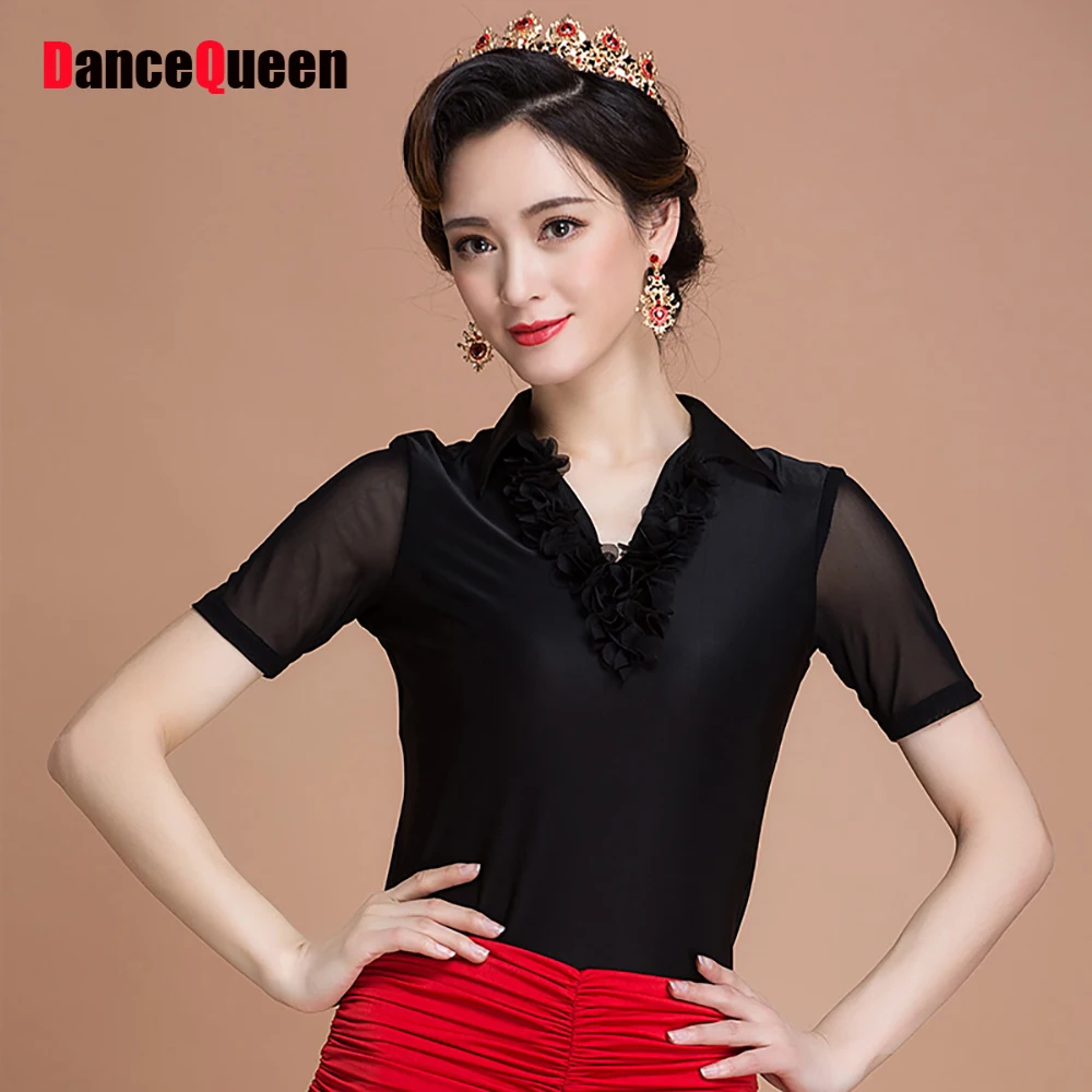 Hot Selling Latin Dance Shirts For Ladies Black Color V Collar Cotton
