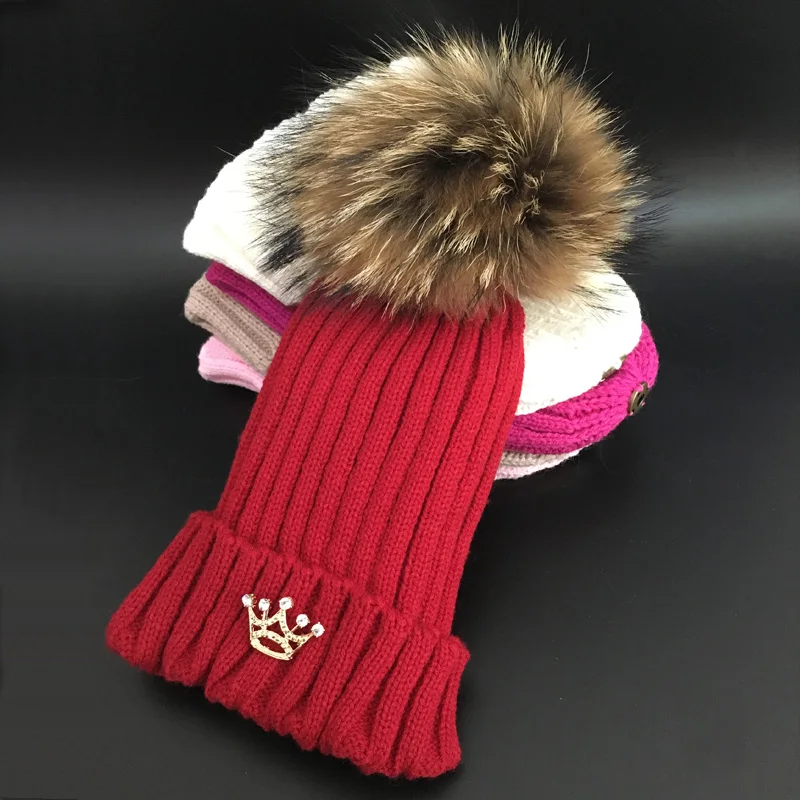 Зимние шапки с короной для девочек, натуральный мех лисы Кепка с помпонами, шапочки, модная детская Кепка