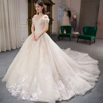 

Natural White Lace Bead Tulle Wedding Dresses Sleeveless V-neck Long Train Waves Ball Gown Cap Sleeve Bride Dress bryllupskjole