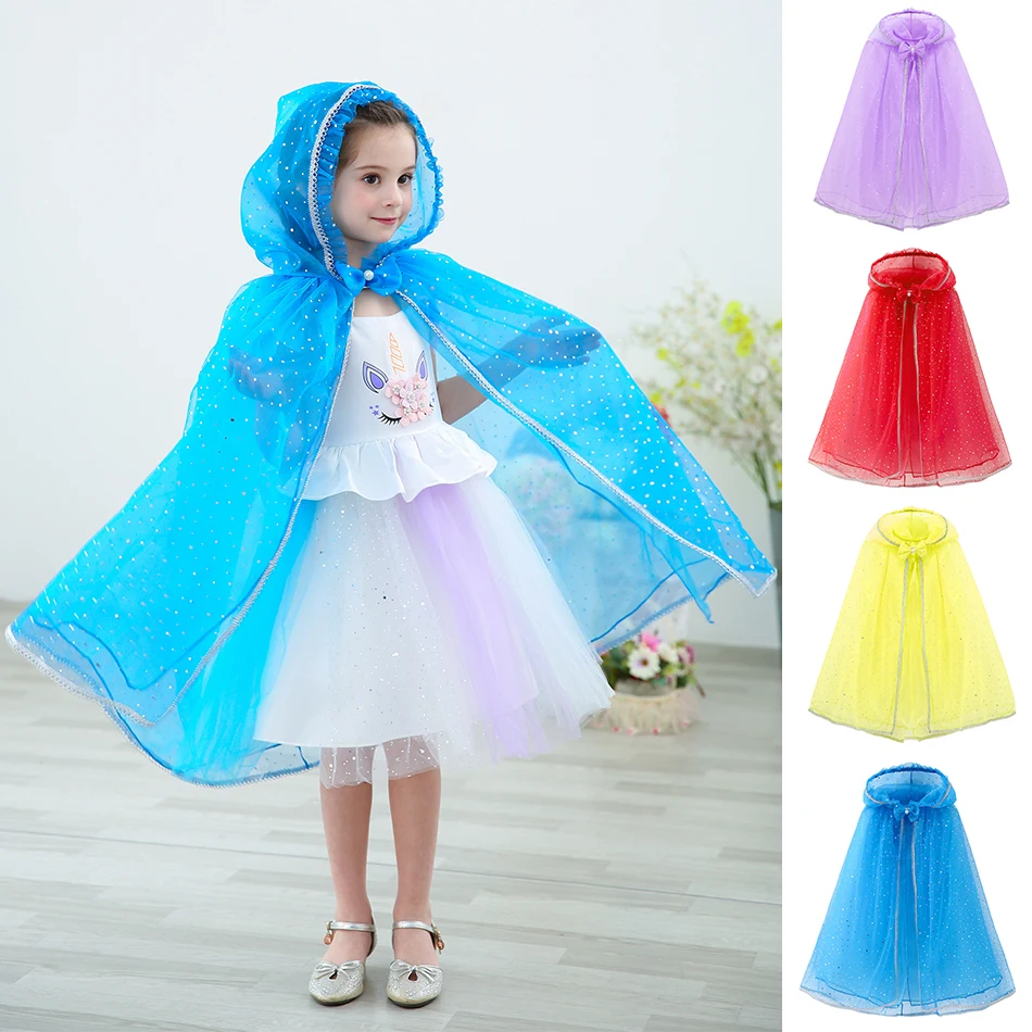 MUABABY Girl Sequin Hooded Cloak Princess Accessory Elsa Belle Aurora Rapunzel Cape Kids Halloween Mantle Girls Summer Dress Up