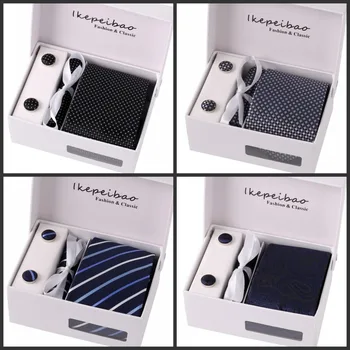 

Men Ties Set Black Purple Checked Blue Dots Necktie Sets Cufflinks Hankies Clips with Gift Box Packing 2PCS/LOT