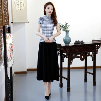 

New Summer Womens Blouse Skirt Sets Traditional Chinese 2pc Short Sleeve Shirt Mandarin Collar Cheongsam Dress Size S-XXXL 9971