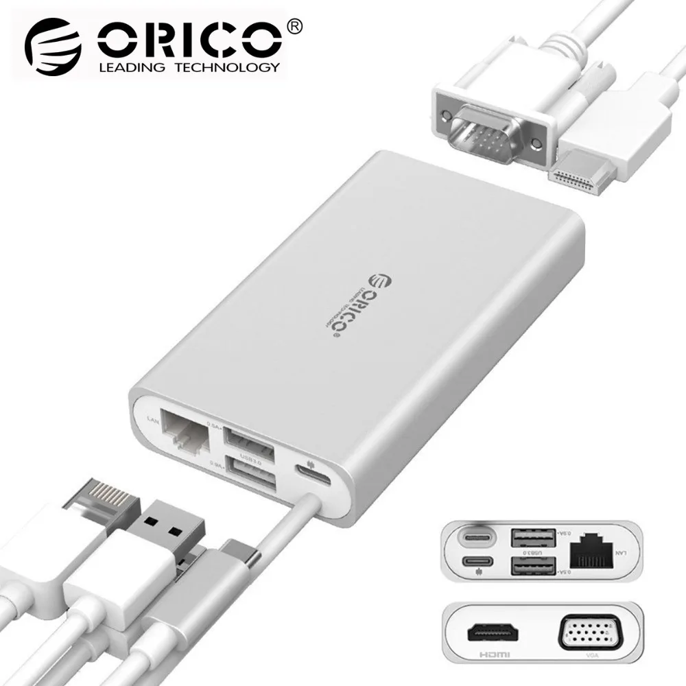 

ORICO 5 in 1 Aluminum Docking Station Type C Power Delivery HUB to VGA/HDMI 4K HD/RJ45 Network Converter USB for MacBook Pro