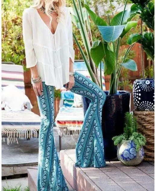 

Women's Pants Boho Long Trousers Ladies Clothing Casual Silm Sexy Vintage Printed Wide leg Pant Bottom Legging Soft Flare Pants